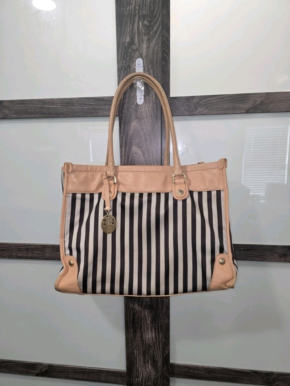 Henri Bendel Signature Striped Leather and Canvas Sateen Bag